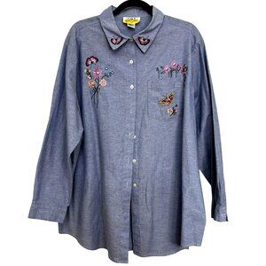 C.S.T. Sport Embroidered Button Up Chambray Shirt Blue Sz 22W Floral Butterfly